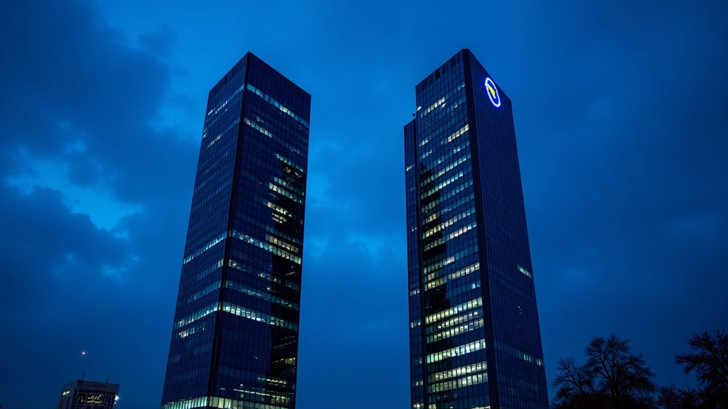 EZB-Hauptsitz in Frankfurt am Main, modernes Hochhaus mit Eurozeichen-Symbol, blaue Beleuchtung bei Dämmerung, scharfer Fokus