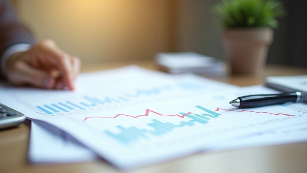 Finanzmarkttabelle mit Zinsdaten und Inflationszahlen, Papierausdrucke und Taschenrechner auf Schreibtisch, detailliertes Licht, scharfer Fokus