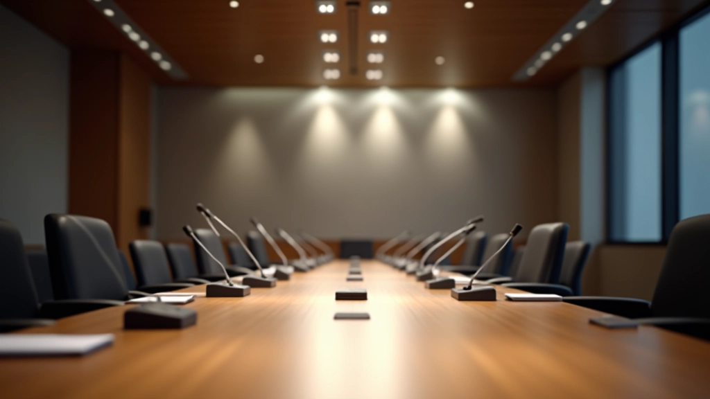 Europäische Zentralbank Ratssaal, Konferenztisch mit Mikrofonen, moderne Architektur, blaues Licht, offizielle Sitzung