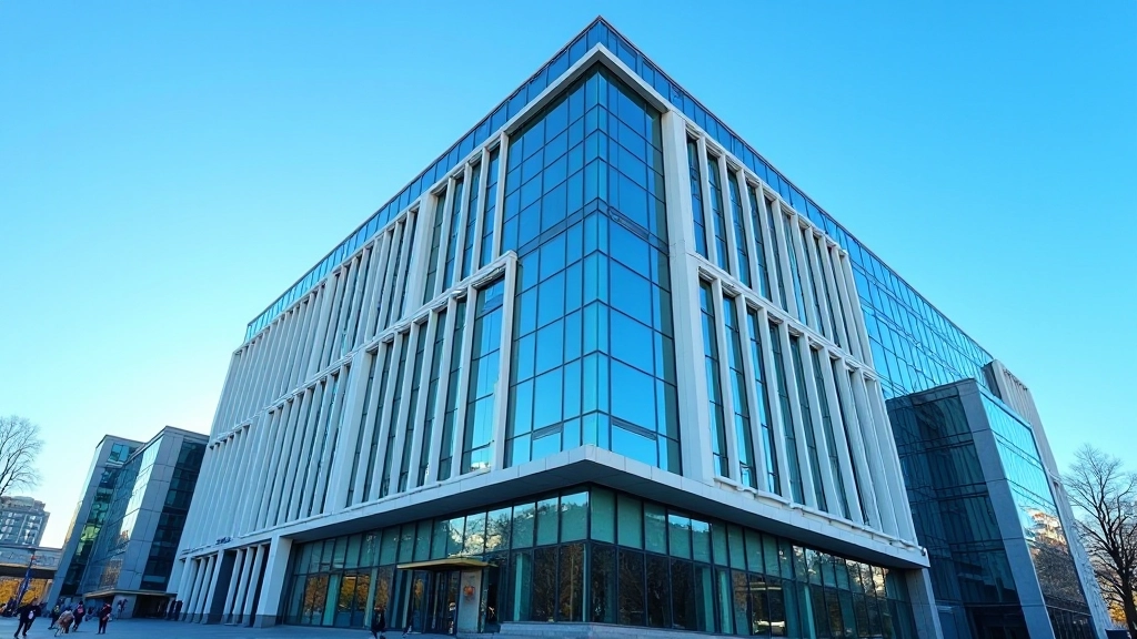 Europäische Zentrale in Frankfurt, modernes Gebäude mit EZB-Logo und Flaggen