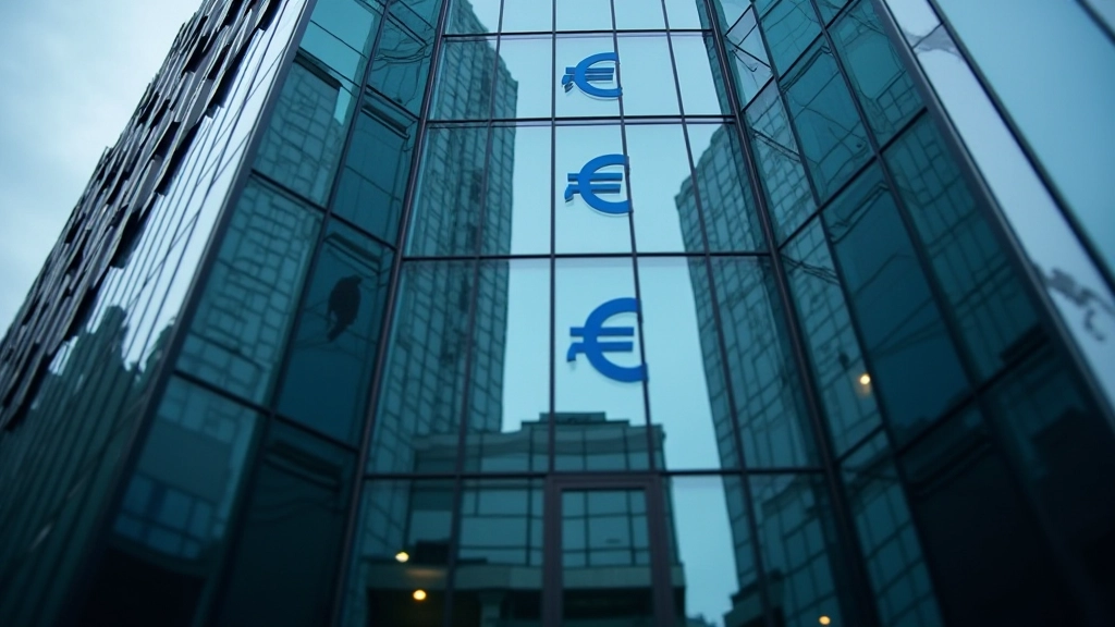 Modernes Finanzdistrikt-Bürogebäude mit geldpolitischen Symbolen