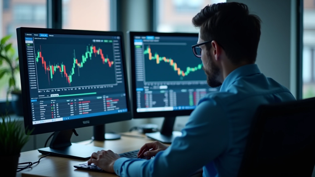 Moderne Finanzanalysist arbeitet an Computerterminal mit Echtzeit-Marktkursen und Zinsdiagrammen auf mehreren Monitoren