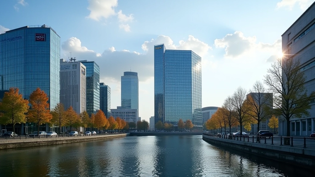 Moderne Finanzlandschaft mit Gebäuden und wirtschaftlichen Indikatoren, symbolisiert die EZB-Geldpolitik