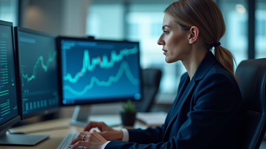 Finanzanalyst vergleicht verschiedene Sparprodukte und Anlageoptionen auf mehreren Bildschirmen im Büro